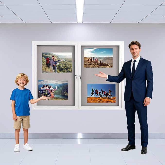 48x36 Inch Lockable Enclosed Bulletin Board, Weather-Resistant Outdoor Noticeboard with 2 Locking Doors, Wall-Mounted Silver Aluminum Frame & Grey Felt Presentation Board