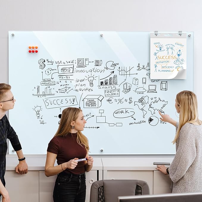 MaxGear Glass Whiteboard Wall Mounted, Frameless Magnetic Dry Erase Board, Tempered Glass, Steel-Backed, Non-Porous Smooth Surface, Floating Design, Accessories Included, for Office Home Classroom