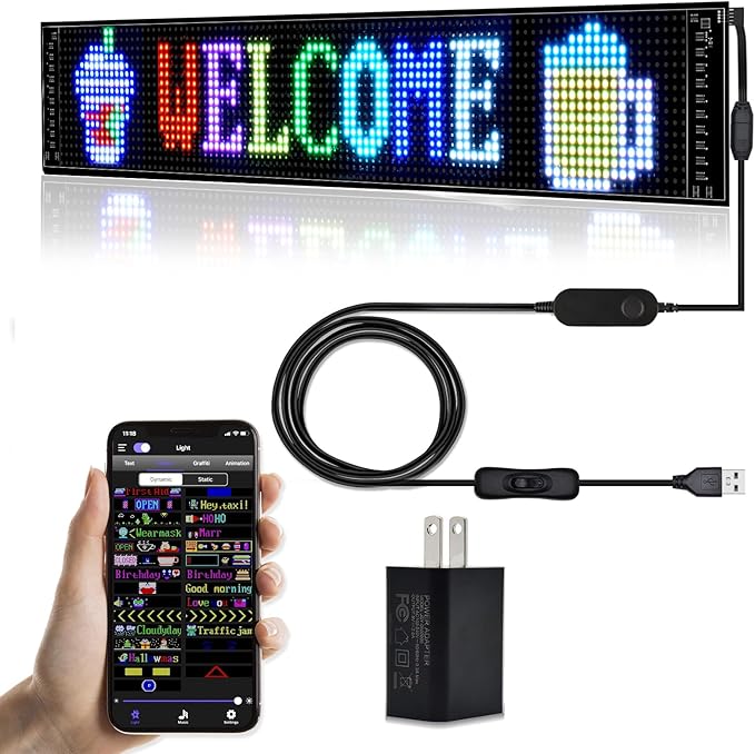 XIAOOHO Programmable LED Car Sign,Scrolling LED Sign,Flexible LED RGB Message Display,Bluetooth APP,DIY Design Colours,Animations,Text, Graffiti