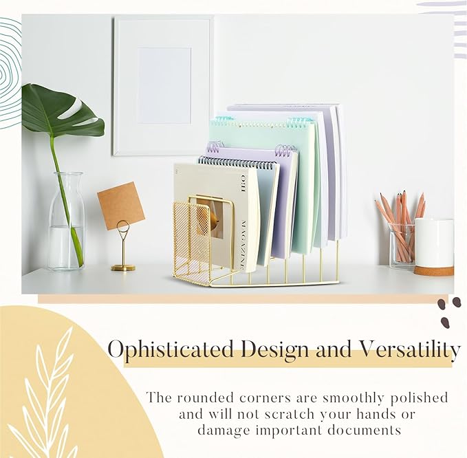 2 Pcs 7 Section Incline File Sorter Metal Wire Mesh File Rack for Desktop Letter Sorter for Magazine Folder Book Organizer Home Office School Paper Mail Desk Storage Holder (Golden)