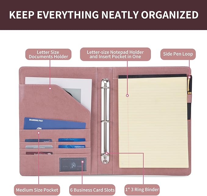 Geslun Personalized Vegan Leather 3 Ring Binder, Custom 8.5 x 11 Letter Size Folio with Pen Holder, Soft Notebook Portfolio Cover, Notepad Padfolio Organizer for Meeting, Pink