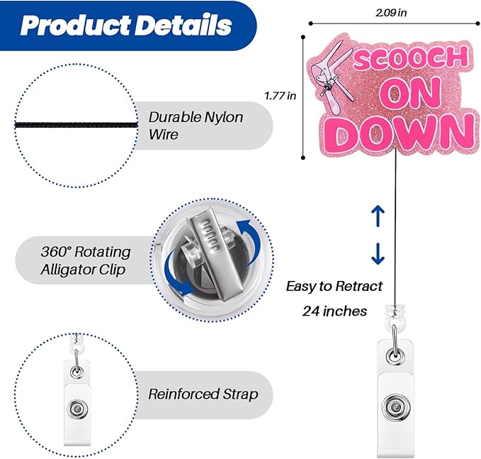 Scooch on Down Funny OBGYN Badge Reel | Retractable ID Card Labor and Delivery Badge Holder | Name Tag Medical Work Badge Clip for RN LPN CNA MA ER Night Shift Nurse Nursing Student Doctor Gifts