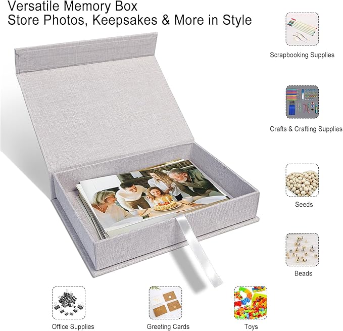 Sprsthai 5x7 Archival Photo Storage Box with Lid – Stackable Memory Keepsake Organizer for Photos, Certificates, Jewelry & Scrapbooking Supplies Grey
