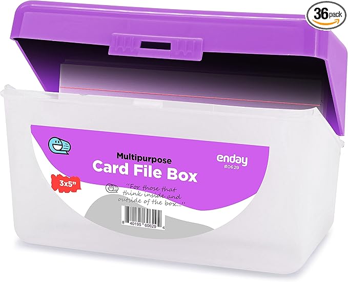 Enday Index Card Holder Purple, 3x5 Note Flash Card Organizer Case, Index Card File w/flip top, Notecard Recipe, Holder, Holds 250 Cards, Also Available in Red, Green, Blue, Grey, Pink (36 PC)