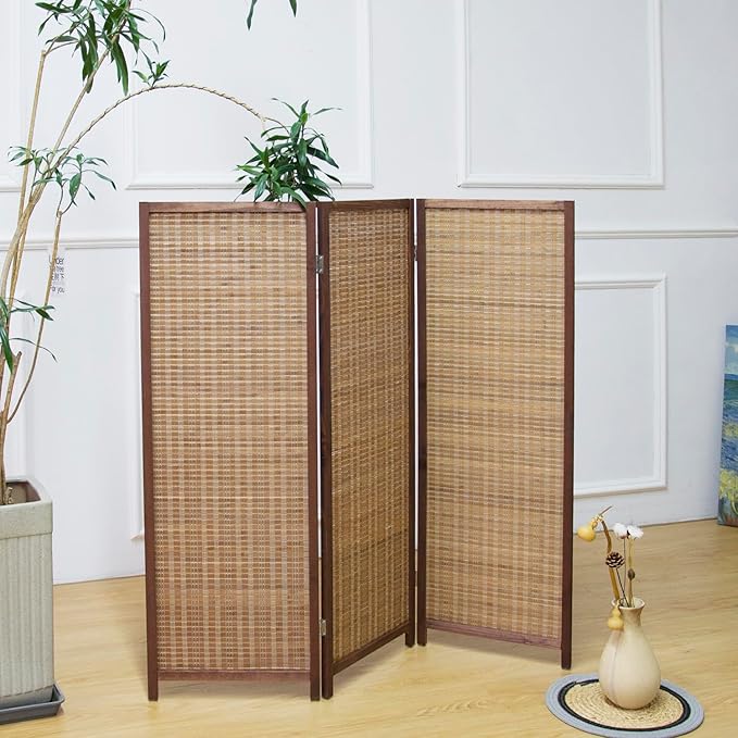 Furnnylane 3 Panel Short Room Divider Screen,Brown Freestanding Partition,Small Bamboo Panel Divider for Room Seperation,3.95 FT Tall