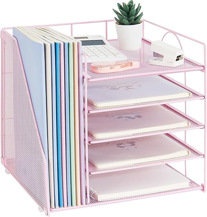 LEKETREE Desk Organizers and Accessories, 5-Tier Paper Letter Tray Organizer with File Holder, Desktop Organizer for Office Supplies (Pink)