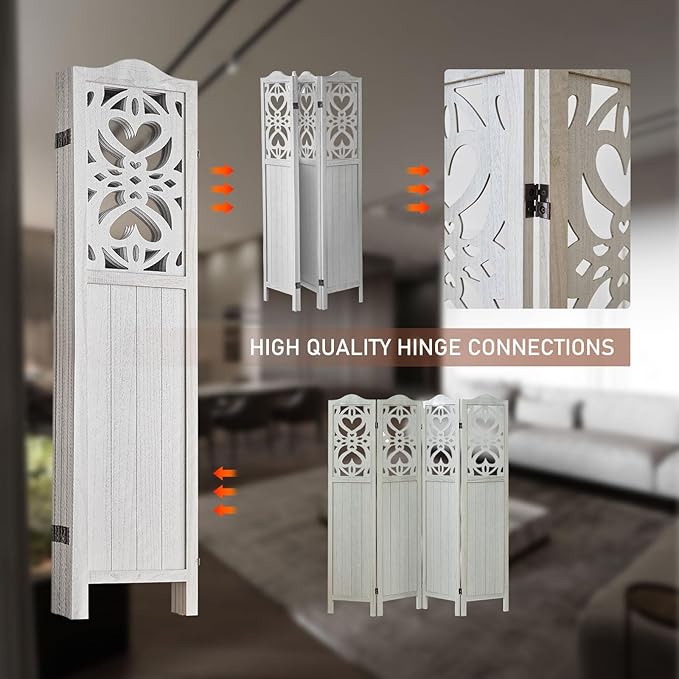 ALeesing 4 Panel Room Divider Fully Assembled, Carved Room Dividers and Folding Screens, 5.6Ft Wood Room Divider Screen Freestanding Partition Wall Dividers for Home Bedroom Office, Rustic White