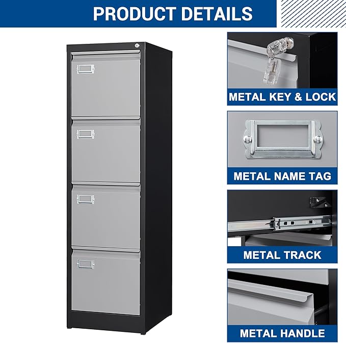 Fesbos File Cabinets - 4 Drawers Vertical 17.8" Deep Lockable Filing Cabinet - Black & Gray Metal Storage Cabinets for Home Office to Hanging Files Letter/Legal/F4/A4 Size