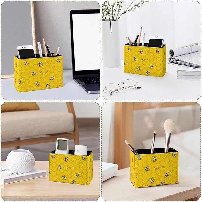 Famame Honeycomb Cute Bee Pencil Holder for Desk, Leather Desktop Container Pen Cup Storage Study Table Pen Organizer Makeup Brushes Holder for Office Home