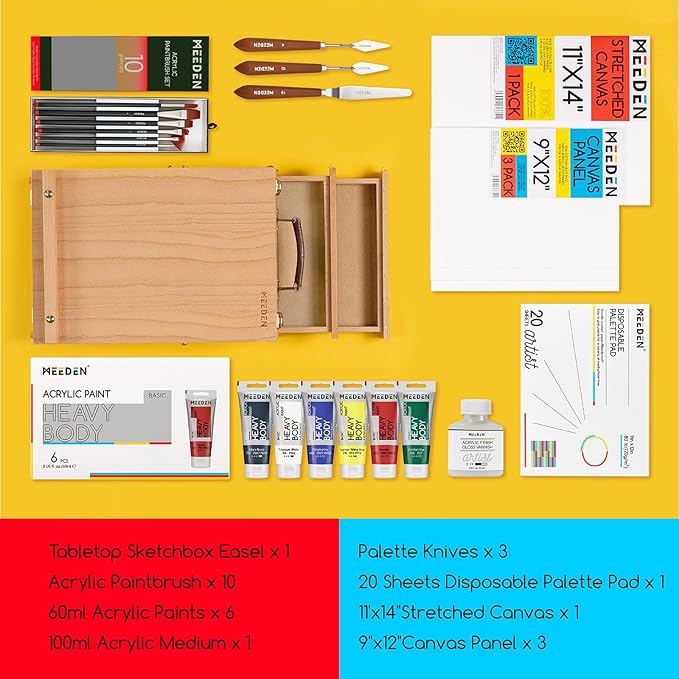 MEEDEN Acrylic Painting Set with Easel: 44 Pcs Art Supplies Painting Kit with Tabletop Box Easel for Adults - 24 Acrylic Paints, Paintbrushes, Canvas, Palettes & Accessories