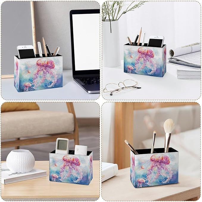 Famame Cute Watercolor Jellyfishes Pencil Holder for Desk, Leather Desktop Container Pen Cup Storage Study Table Pen Organizer Makeup Brush Holder for Classroom Office Home