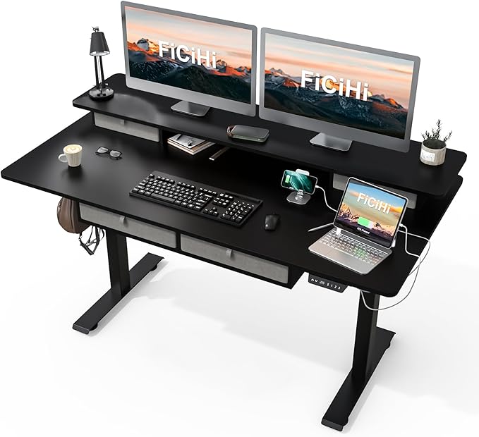 FiCiHi Adjustable Height Standing Desk with 4 Drawers,63 x 30 inches Electric Sit Stand Home Office Desk with Two Tiers, 3 Memory Presets, Monitor Stand Riser, USB A/C Charging Port