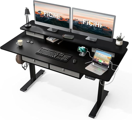 FiCiHi Adjustable Height Standing Desk with 4 Drawers,63 x 30 inches Electric Sit Stand Home Office Desk with Two Tiers, 3 Memory Presets, Monitor Stand Riser, USB A/C Charging Port