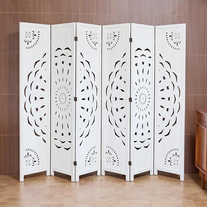66.9Inch Wooden Room Partition - 6 Panels Boho-Styled Space Room Divider for Home/Office, Headboard & Yoga/Photo/Video Call Backdrop (White)
