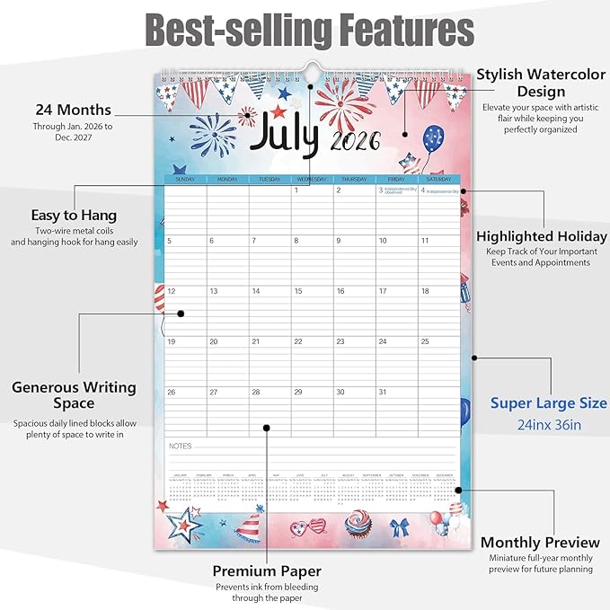 GuassLee Extra Large Wall Calendar 2026,36"x 24" Vertical Jumbo Hanging Wall Planner, 24-Month Aesthetic Large Calendar Jan. 2026 to Dec. 2027 with Thick Paper Watercolor Design for Easy Organizing
