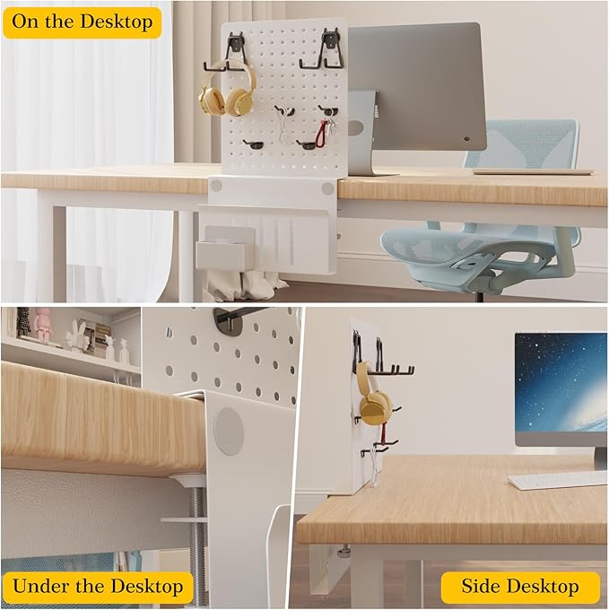 Henitol Clamp-on Desk Pegboard,Desk Side Storage,Steel Privacy Panel,No Drill Side Desk Organizer with Pen Holder,Table Side Organizer Laptop Holder for Office and Home (White)
