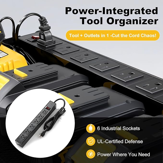 ERVNYNT 3 layers power tool organizer Loads 150lbs with 6 Cordless Drill Holder and 6 Outlet Power Strip,it’s good choice for husband birthday gift,yellow