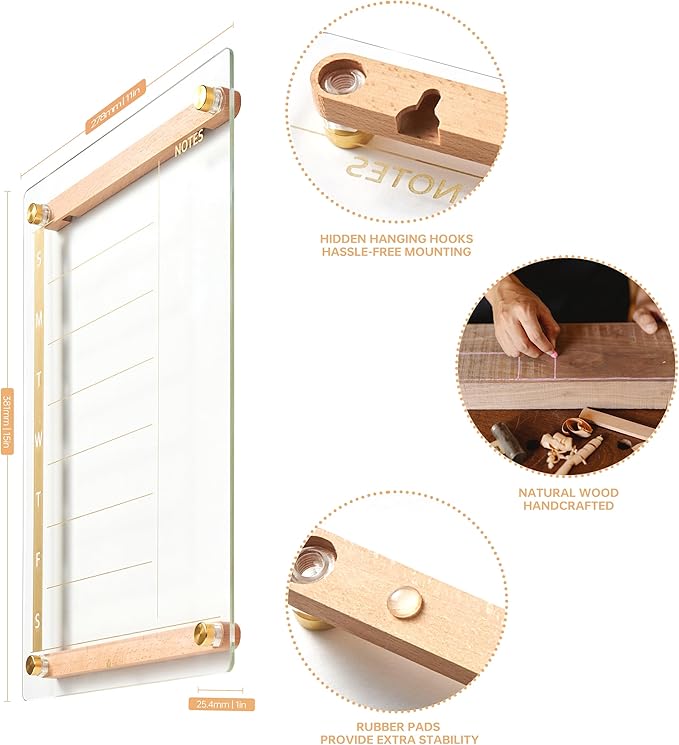 Clear Gold Glass Weekly Dry Erase Calendar Whiteboard with Wood Decoration for Wall, Menu & Meal Planner White Board for Home Kitchen, 15x11, Wood Marker Holder and 4 Markers Included, Yeoux