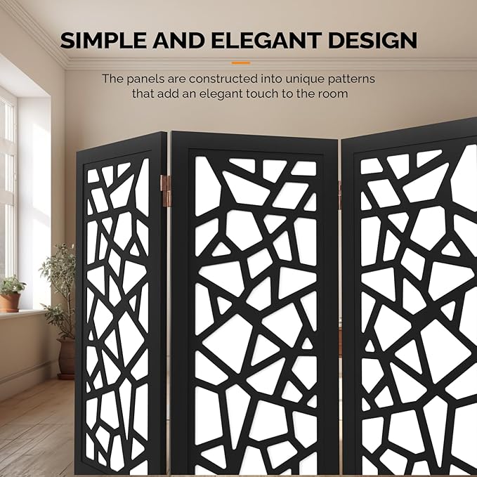 VINGLI 70'' H Room Divider, Non-Woven Fabric Privacy Screen, Indoor Partition Wall Dividers, Freestanding Hinged Space Separator with Modern Unique Pattern (Black, 4 Panel)