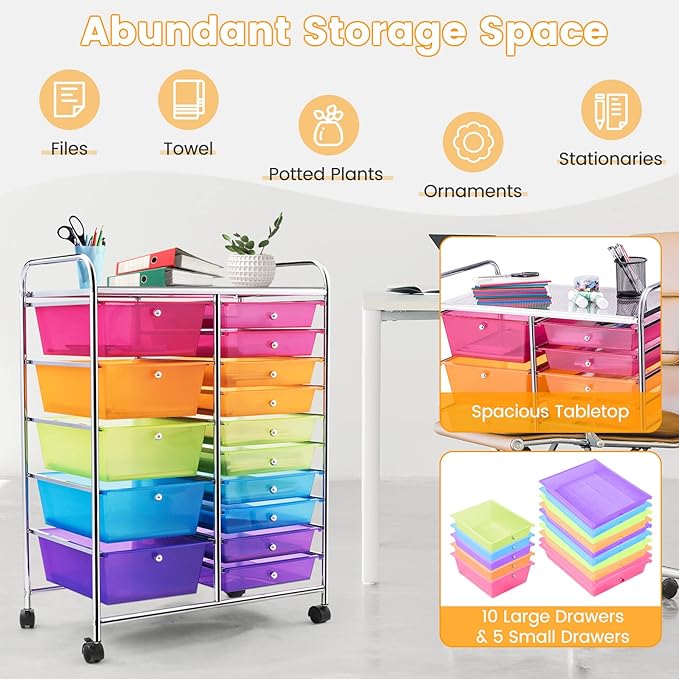 GLACER 15 Drawers Rolling Cart, Storage Cart with w/Removable Drawers & Steel Frame, Multipurpose Organizer Cart w/Sleek Handle, Utility Cart on Lockable Wheels for Home, School, Office (Rainbow)