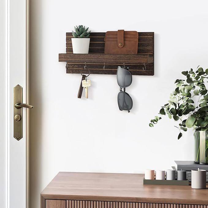 Lwenki Decorative Key Holder for Wall with Shelf, Entryway Shelf with Hooks Holds Leashes, Jackets and Glasses – Sturdy Wood Keyholder Entrance Hanger with Mounting Hardware (Brown, Medium)