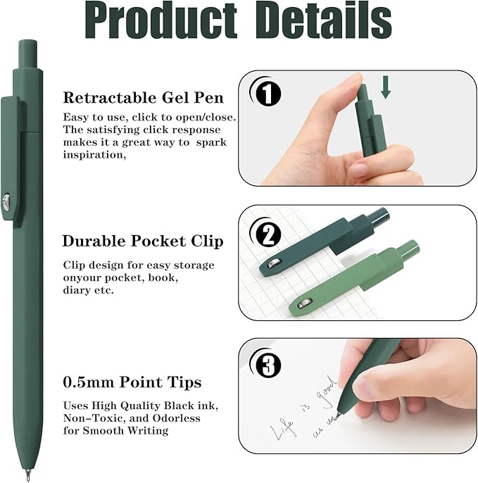Piochoo Gel Pens,8 Pcs Black Ink Pens for Women, 0.5mm Fine Point Smooth Writing, High-End Series Retractable Pen for Journaling Note Taking Sketching No Bleed for Women Girls Nurse Teacher