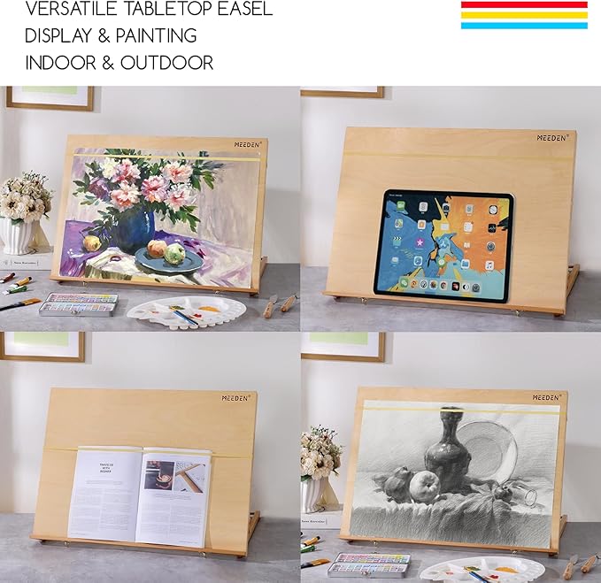 MEEDEN A2 Wooden Tabletop Easel for Painting, 5-Position Adjustable Drawing & Sketching Board with Shoulder Strap, Portable Beechwood Desktop Art Easel Stand for Adults, Artists, Beginners & Student
