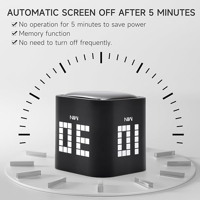 Rotating Productivity Timer 5, 10, 30, 60 Minutes Preset, Desk Cube w/Gravity Sensor for ADHD, Mute Functions, Ideal for Work, Study, Kitchen, Back to School (Black)