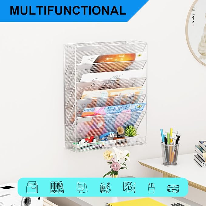 GDINDINFAN Wall File Organizer Holder Mesh Hanging Paper Document Holder, Vertical 6 Pocket Tier for Office Home, Silver