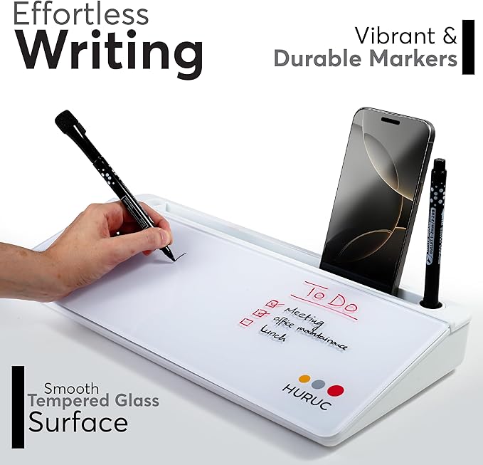 HURUC Small Glass Desktop Whiteboard with Storage,15.3"x7.08"x2.16" inch Desk White Board with Markers & Duster, Desktop Dry Erase Board, Desk Buddy Organizer for Home, Office, School (White)