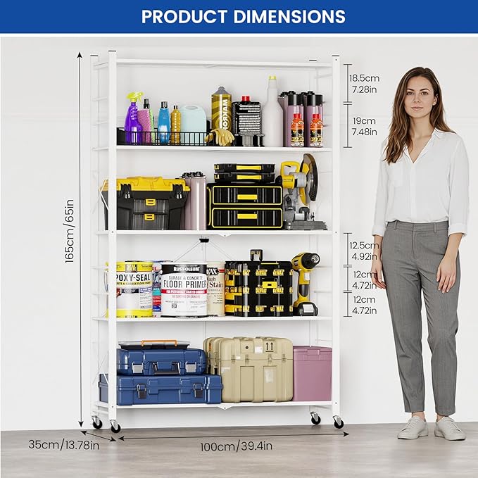 ALANNG 40" W Foldable 5-Tier Storage Shelves with Wheels, Adjustable & Removable Metal Rack, Heavy Duty Rolling Organizer for Kitchen, Garage, Closet, Pantry, and Office (White,1 Pack)