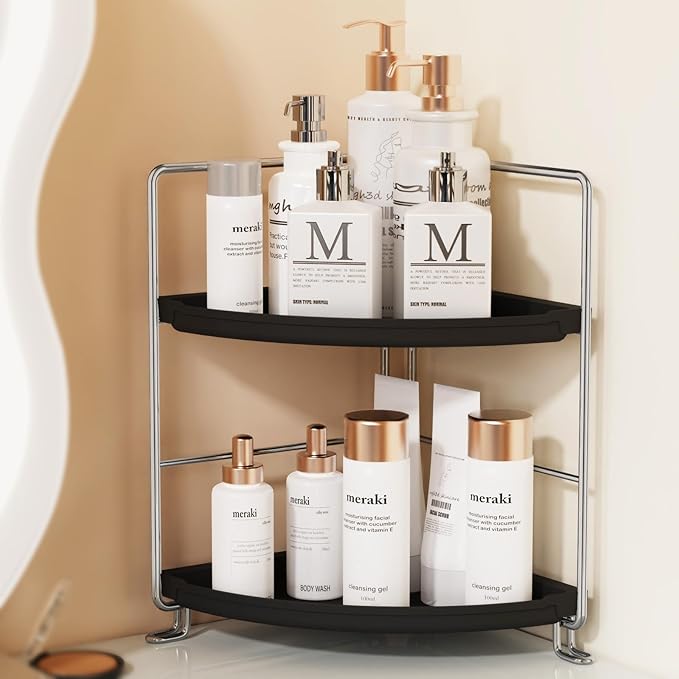 JANUS LiANG 2-Tier Bathroom Organizer Countertop Corner - Makeup Organizer Cosmetic Perfume Holder Bedroom Storage Shelf or Kitchen Spice Rack (Chrome + Black)