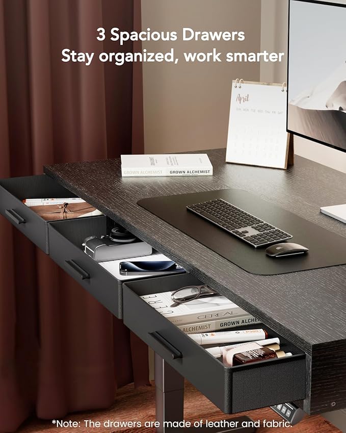 HUANUO Electric Standing Desk with Drawers, C-Clamp Mount Compatible, 48 x 24 Inch Height Adjustable Sit Stand Desk, Fabric Drawers, Home Office Stand Up Desk with 4 Custom Height Settings, Black