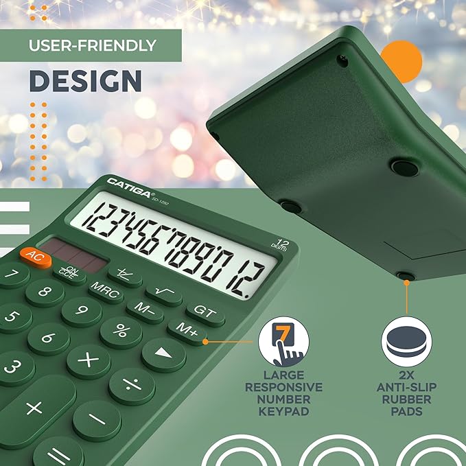 CATIGA 12 Digit Desktop Calculator Basic Desk Calculator with Large LCD Display, Big Buttons, 4 Function, Solar and Battery Dual Power, for Office, School, Home, SD-1292 Green