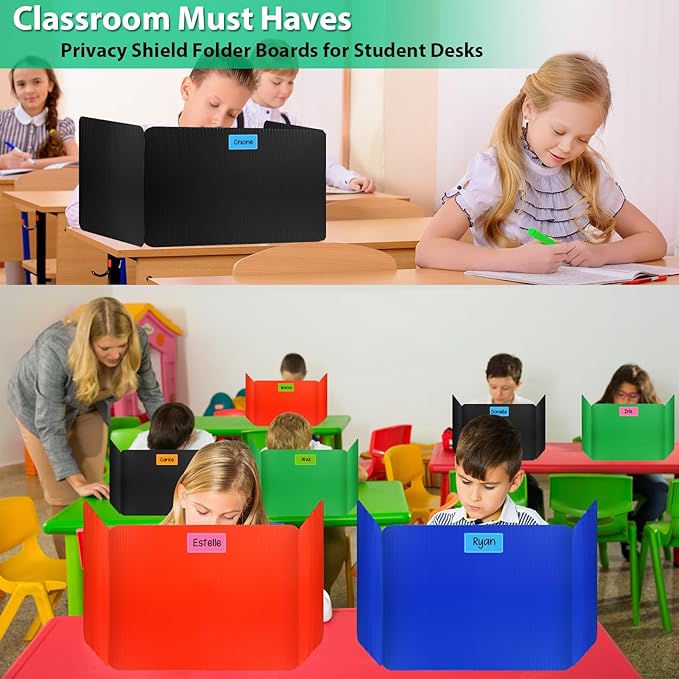 rookea 24 Pack Desk Dividers for Students with 40 Labels, Foldable Waterproof Classroom Privacy Shields Desk Privacy Panel, Plastic Folder Desk Divider for Testing Offices Classroom Teachers Supplies