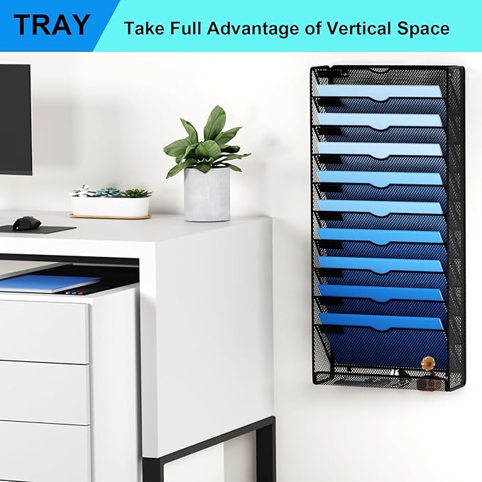 GDINDINFAN Hanging Wall File Organizer 10 Tier Wall Mounted File Holder Document Wall Organizer Magazine Organization for Office Home, Black