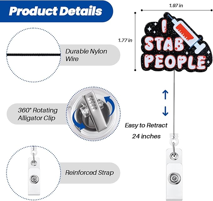I Stab People Funny Nurse Badge Reel, Retractable ID Card Phlebotomist Badge Holders, Medical Badge Clip for RN LPN CRNA ICU ED Blood Draw Lab Resident Physician Phlebotomy Department, Nurse Gifts