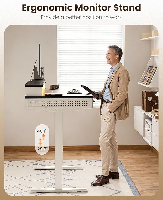 OffiGo Electric Standing Desk with 3 Wooden Drawers, 48 Inch Height Adjustable Desk with Power Outlets & LED Lights, Black and White Sit Stand Table with Monitor Stand for Home, Office, Workstation