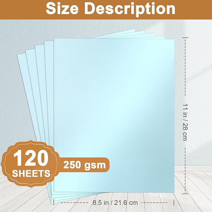Silunkia 120 Sheets Light Blue Shimmer Cardstock 8.5 x 11 Certificate Paper, 250gsm/92lb Thick Craft Paper Light Blue Card Stock for DIY Cards Making, Greeting Cards, Wedding Invitations, Menus