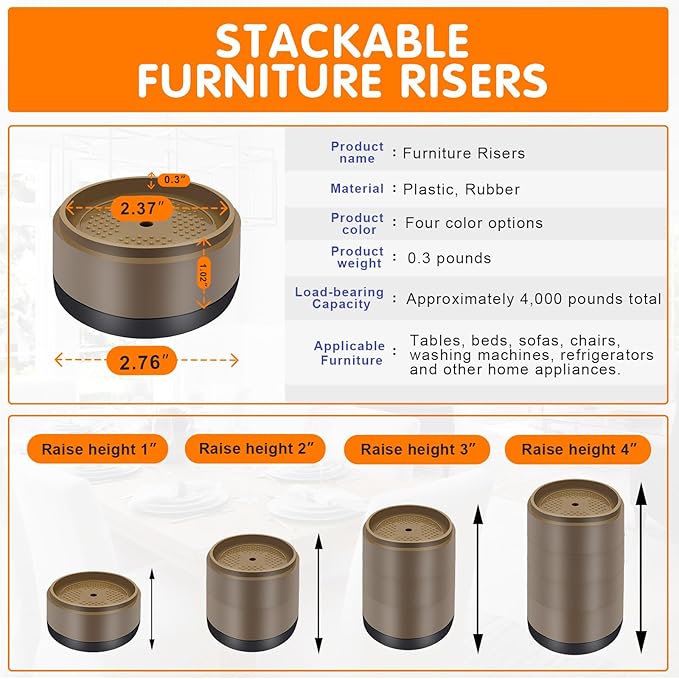 Furniture Risers Bed Risers Heavy Duty 1 inch, 2 inch, 3 inch, 4 inch Round Adjustable Bed Lifts Riser for Desk Legs Table Couch Sofa Chair Refrigerator Washing Machine (1 Inch, Brown, 8 Pack )