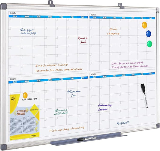 MAKELLO Large Magnetic Dry Erase Calendar Whiteboard Quarterly 36" x 24" for Home, Bedroom, Office, Classroom, 4 Months