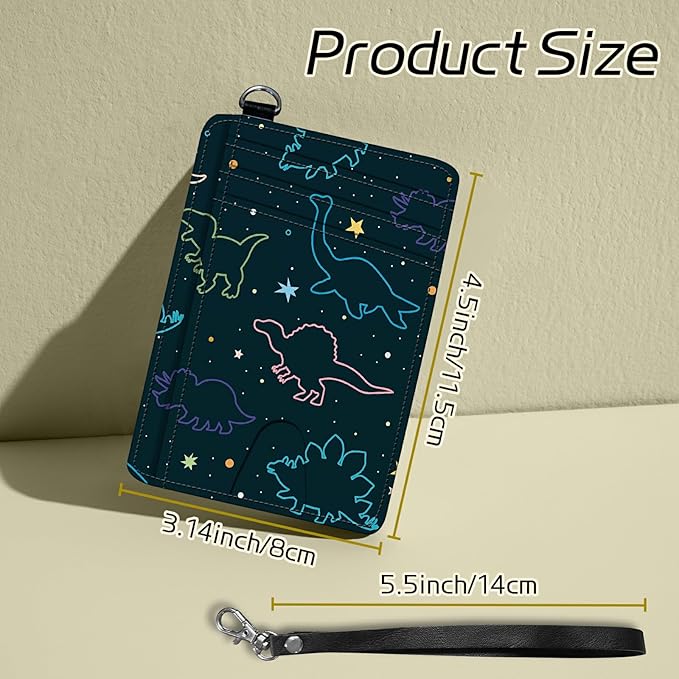 BWEGRHE Small Travel Wallets, Fun Dinosaurs Slim Minimalist Front Pocket Wallet with Wristlet, RFID Blocking PU Leather Credit Card Holder with ID Window Change Purse for Men Women