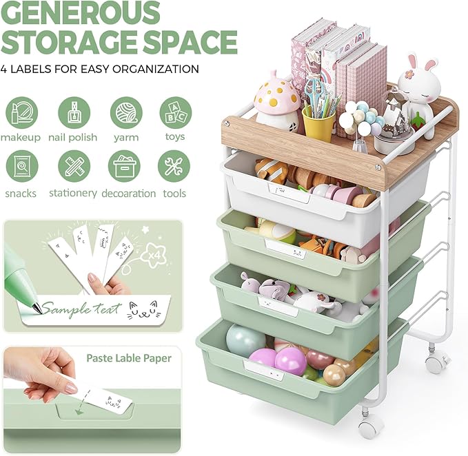 Rolling Storage Utility Cart With 4 Drawers,Kids Craft Art Cart,Makeup Organizer And Storage with Wooden Tabletop,Green