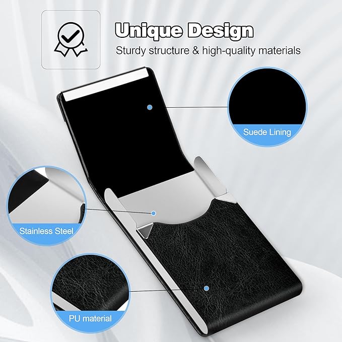DMFLY Business Card Holder for Women or Men, Business Card Case with PU Leather and Stainless Steel, Slim Metal Case with Magnetic Closure for Business Meeting Use