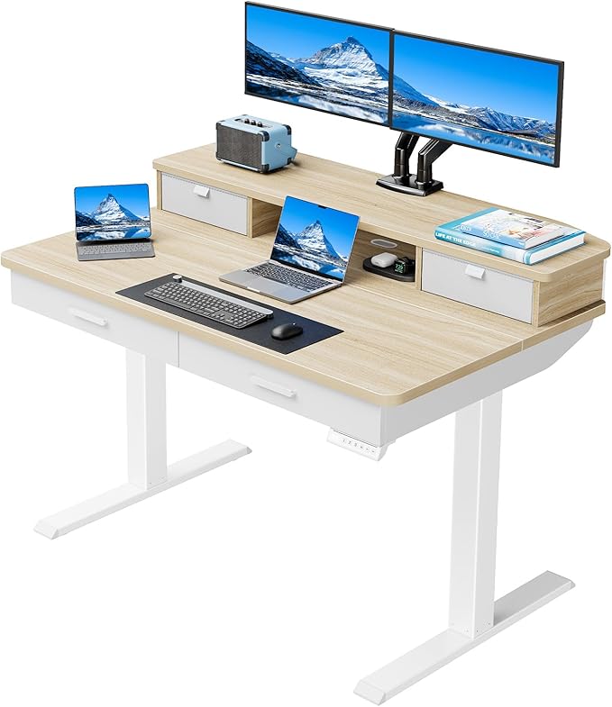 HUANUO 48 x 30 inch Electric Standing Desk with 4 Drawers, Adjustable Height Sit Stand Home Office Desk with Two Tiers, Ergonomic Adjustable Stand up Desk C-Clamp Monitor Mount Compatible, Natural