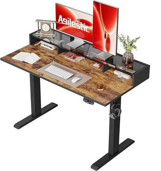 Agilestic Glass Standing Desk with Storage, 48 Inch Electric Adjustable Desk with Glass Shelf, Sit Stand Up Home Office Computer Table, Splice Board, Rustic Brown