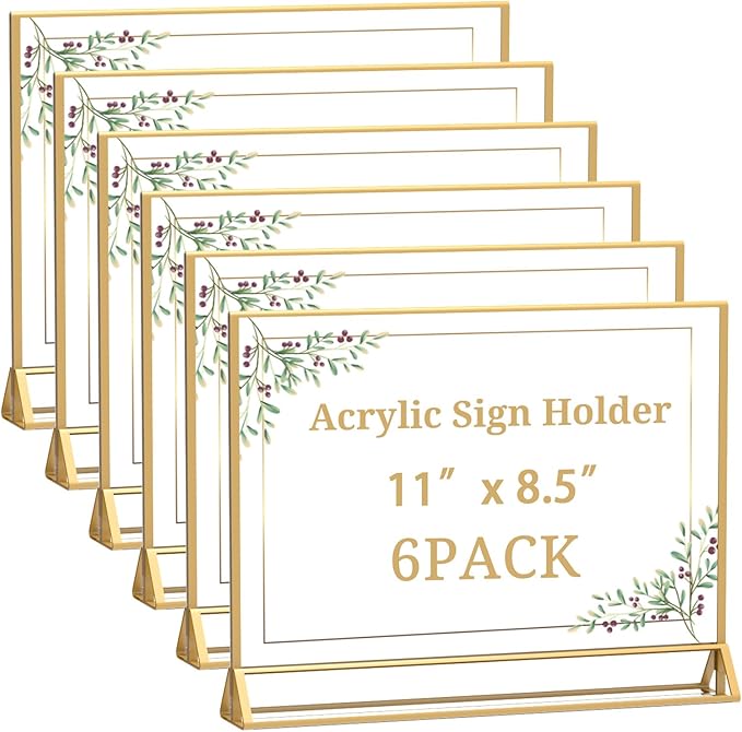PPH-Sisy Clear Acrylic Sign Holder 11x 8.5 Horizontal Double Sided Gold Frame Flyer Holder for Wedding Table Number Menu Holder (6pcs)