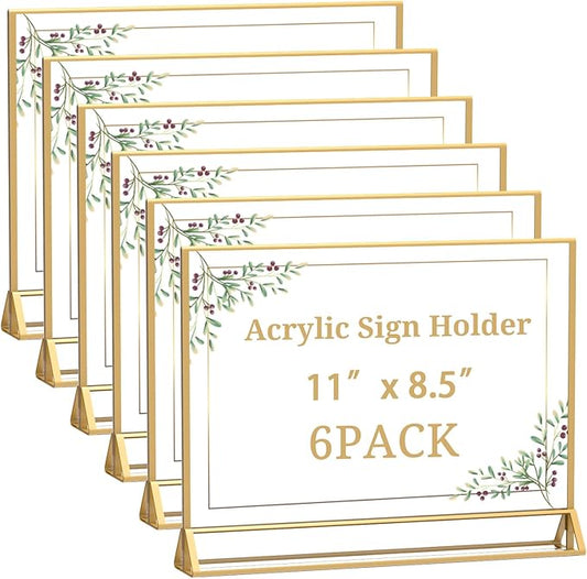 PPH-Sisy Clear Acrylic Sign Holder 11x 8.5 Horizontal Double Sided Gold Frame Flyer Holder for Wedding Table Number Menu Holder (6pcs)