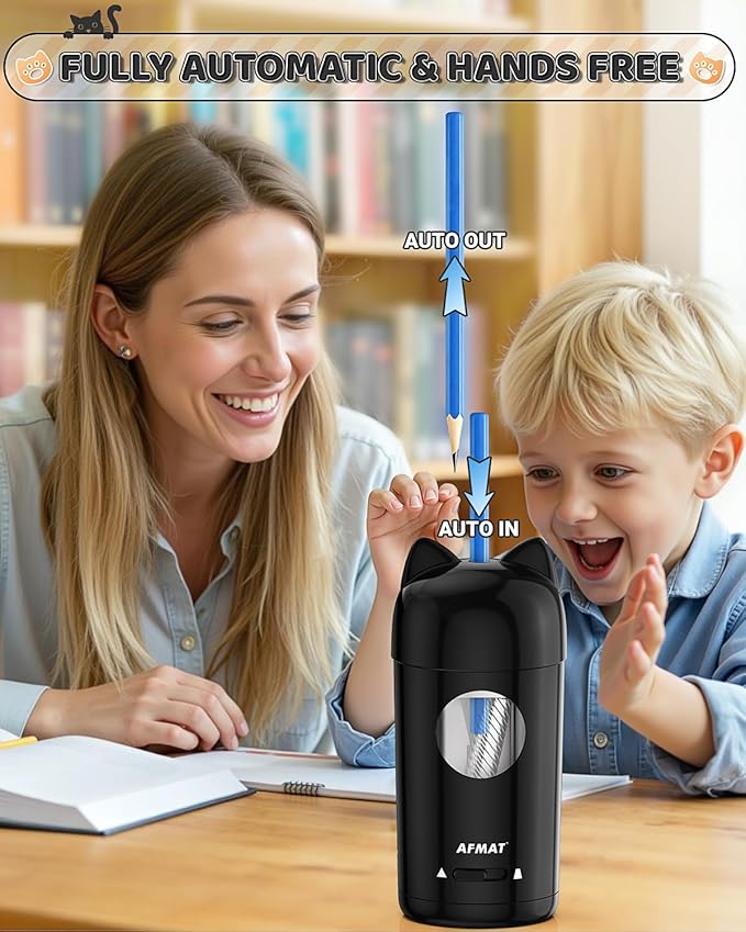 AFMAT Electric Pencil Sharpener, Fully Automatic Pencil Sharpener for Kids, Auto in & Out, for φ7-8mm No.2/Colored Pencils, Rechargeable & Cordless, Cute Cat Pencil Sharpeners for Classroom Home PSX9