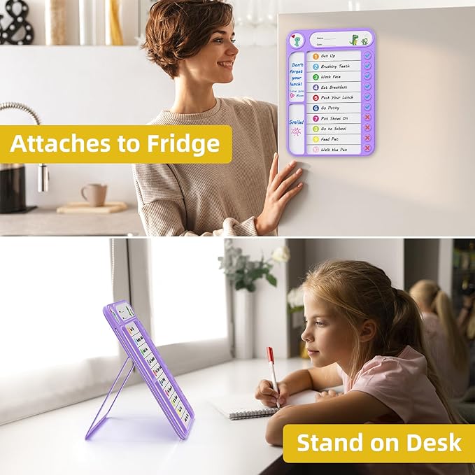 2-Pack Magnetic Chore Chart for Kids, ADHD Task Tracker Easy-Check Routine Dry Erase Board, to-Do List Planning Tool with Stand for Fridge/Desk/Home/School, 6 Reusable Sheets, 4 Markers Purple